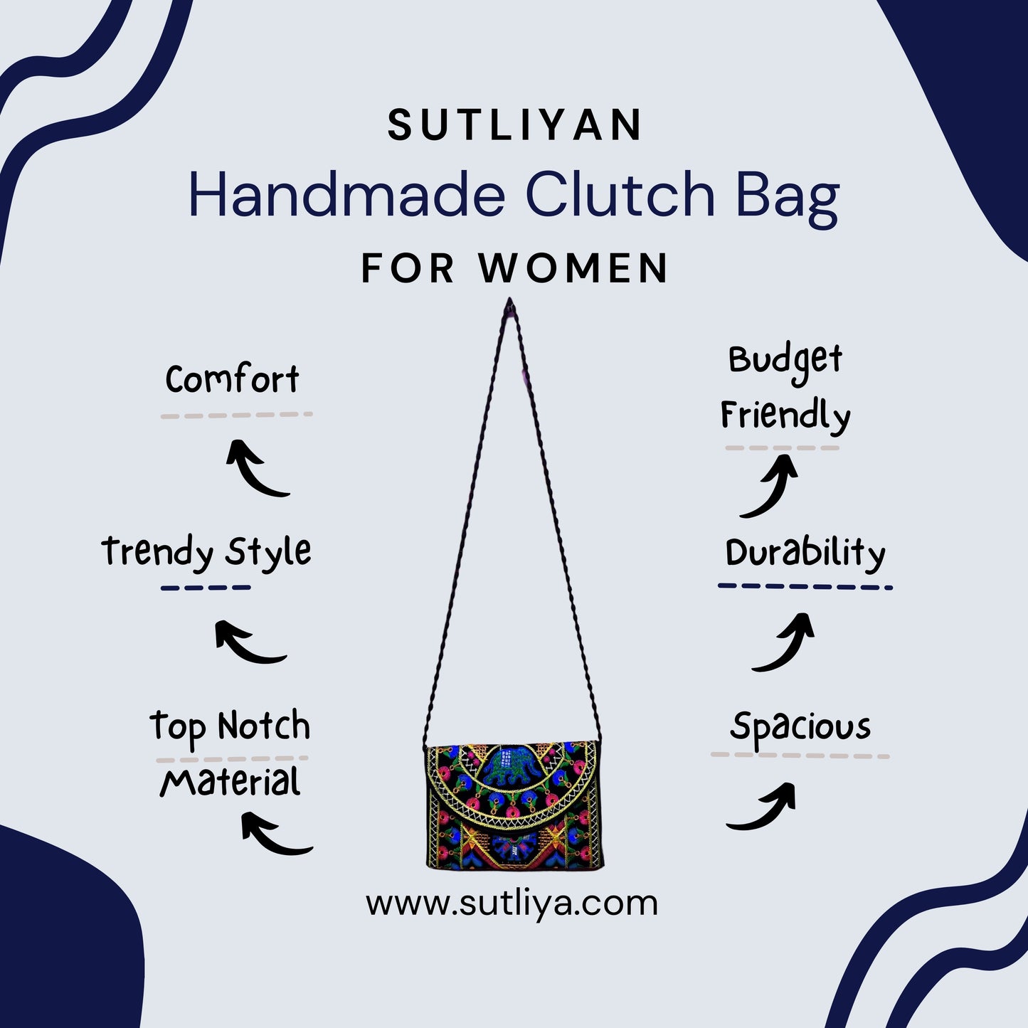 SUTLIYAN Gujarati Handmade Double-Sided Embroidery Blue Small Clutch (6*8 Inch)