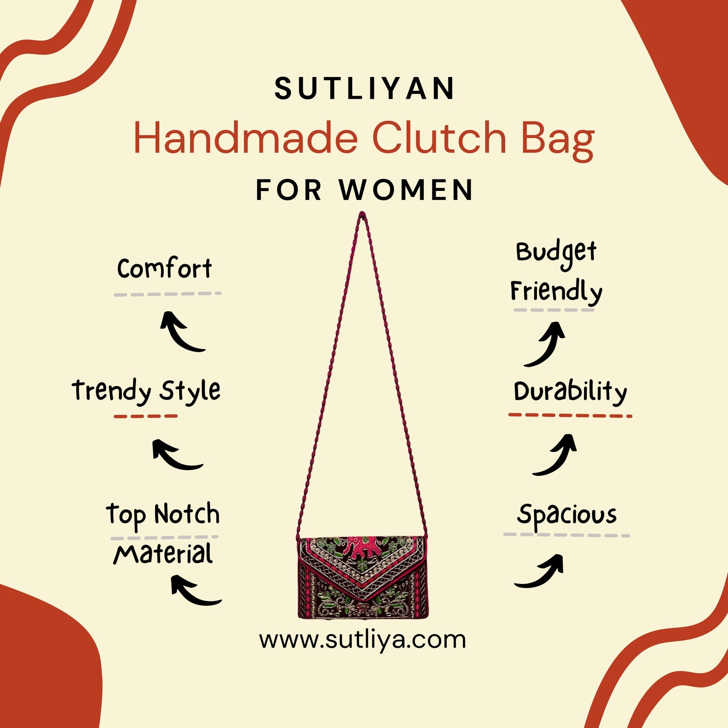 SUTLIYAN Ahmedabadi Handmade Double-Sided Aari-Zari Embroidery Brown Small Clutch (6*8 Inch)