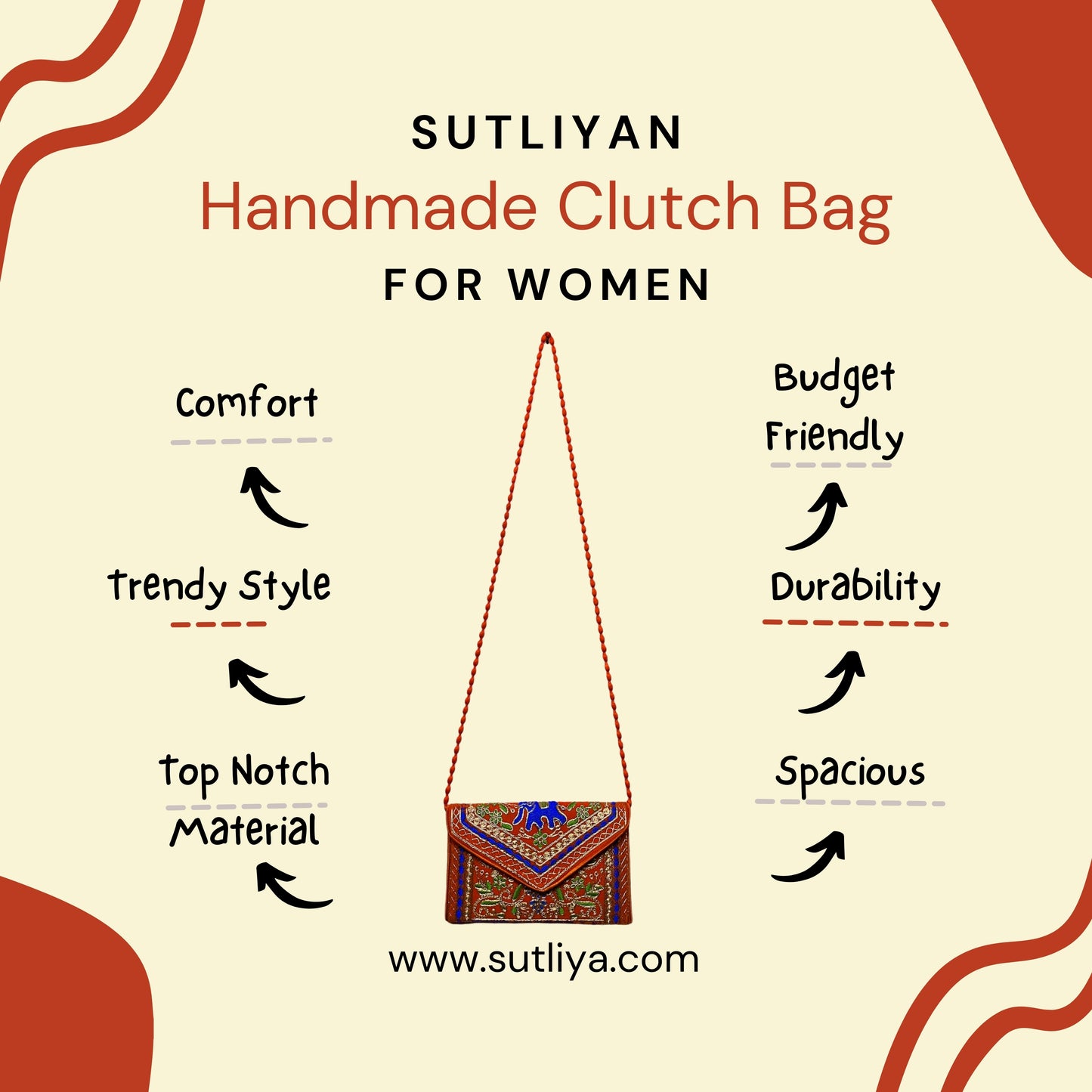 SUTLIYAN Ahmedabadi Handmade Double-Sided Aari-Zari Embroidery Brown Small Clutch (6*8 Inch)