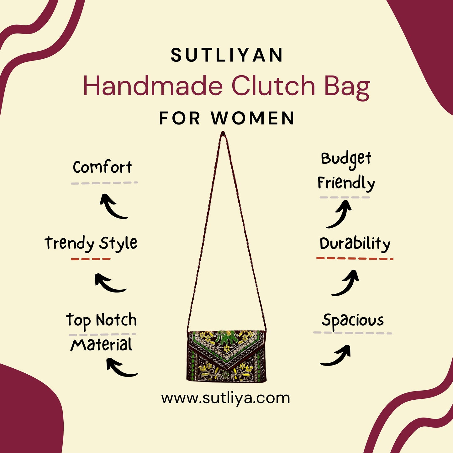 SUTLIYAN Ahmedabadi Handmade Double-Sided Aari-Zari Embroidery Brown Small Clutch (6*8 Inch)