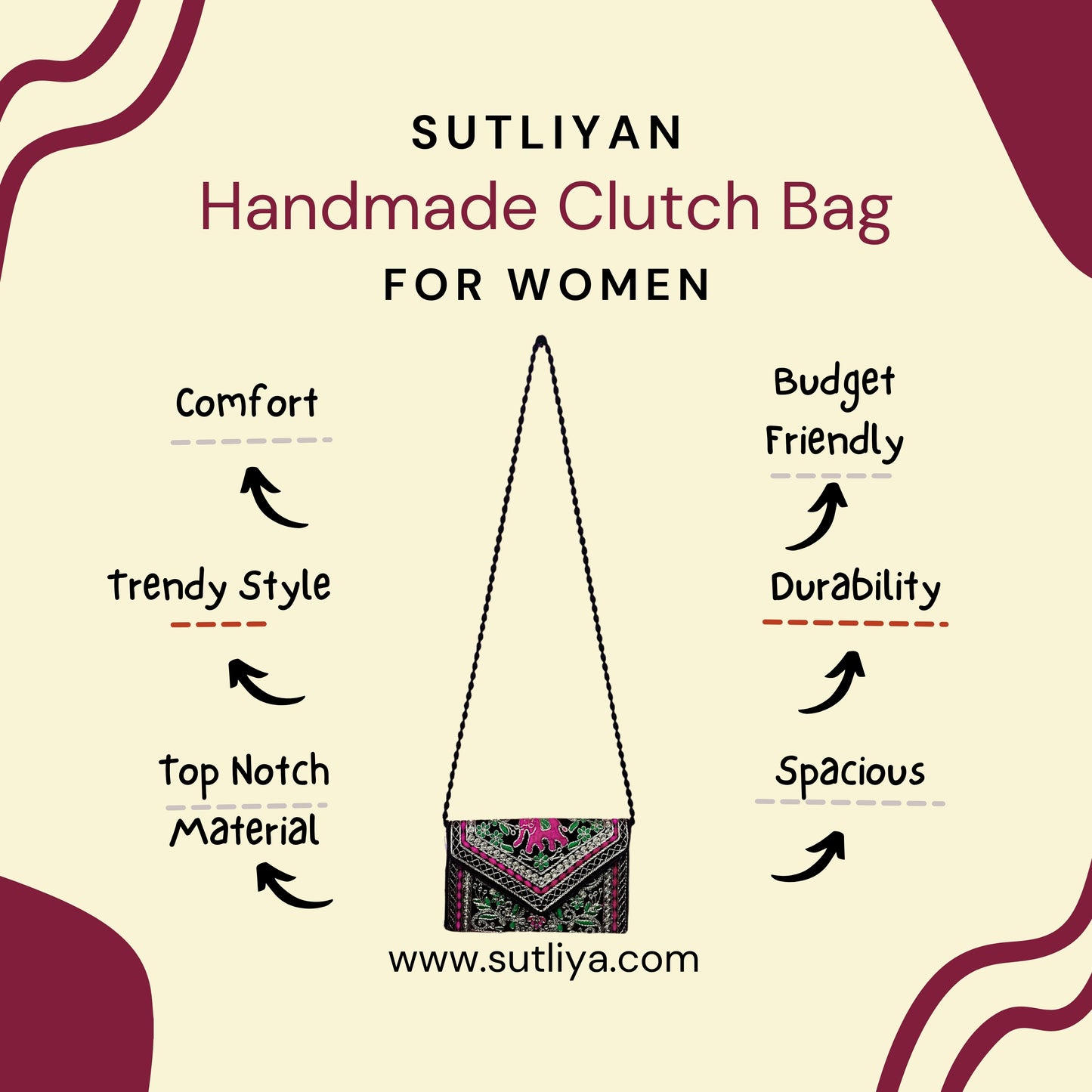 SUTLIYAN Ahmedabadi Handmade Double-Sided Aari-Zari Embroidery Brown Small Clutch (6*8 Inch)