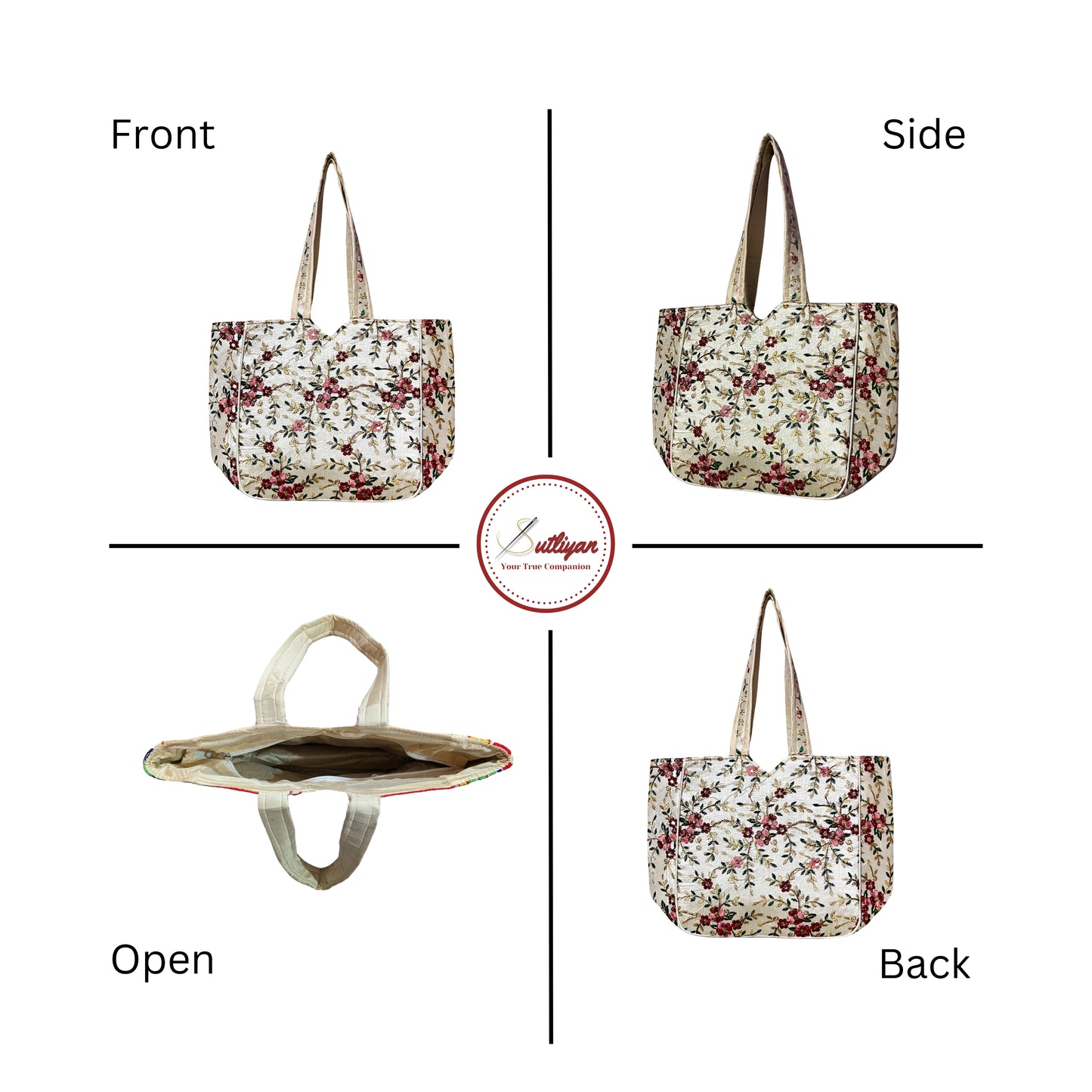 SUTLIYAN Ahmedabadi Handmade Embroidery Small Flower Design White Regular Tote Bag for Women (12 * 16 Inch)