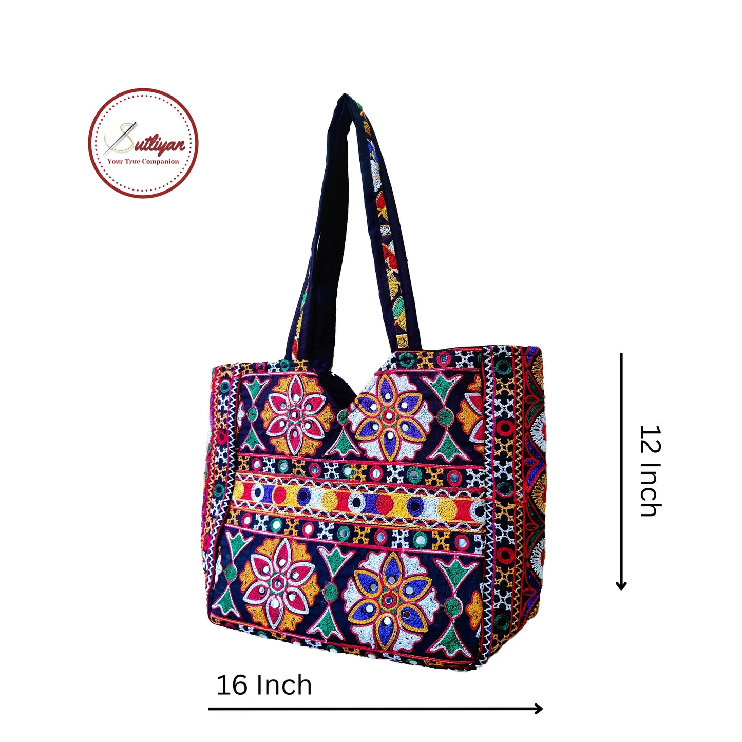 SUTLIYAN Rajasthani Handmade Double-Sided Embroidery Black Regular Tote Bag for Women (12*16 Inch)