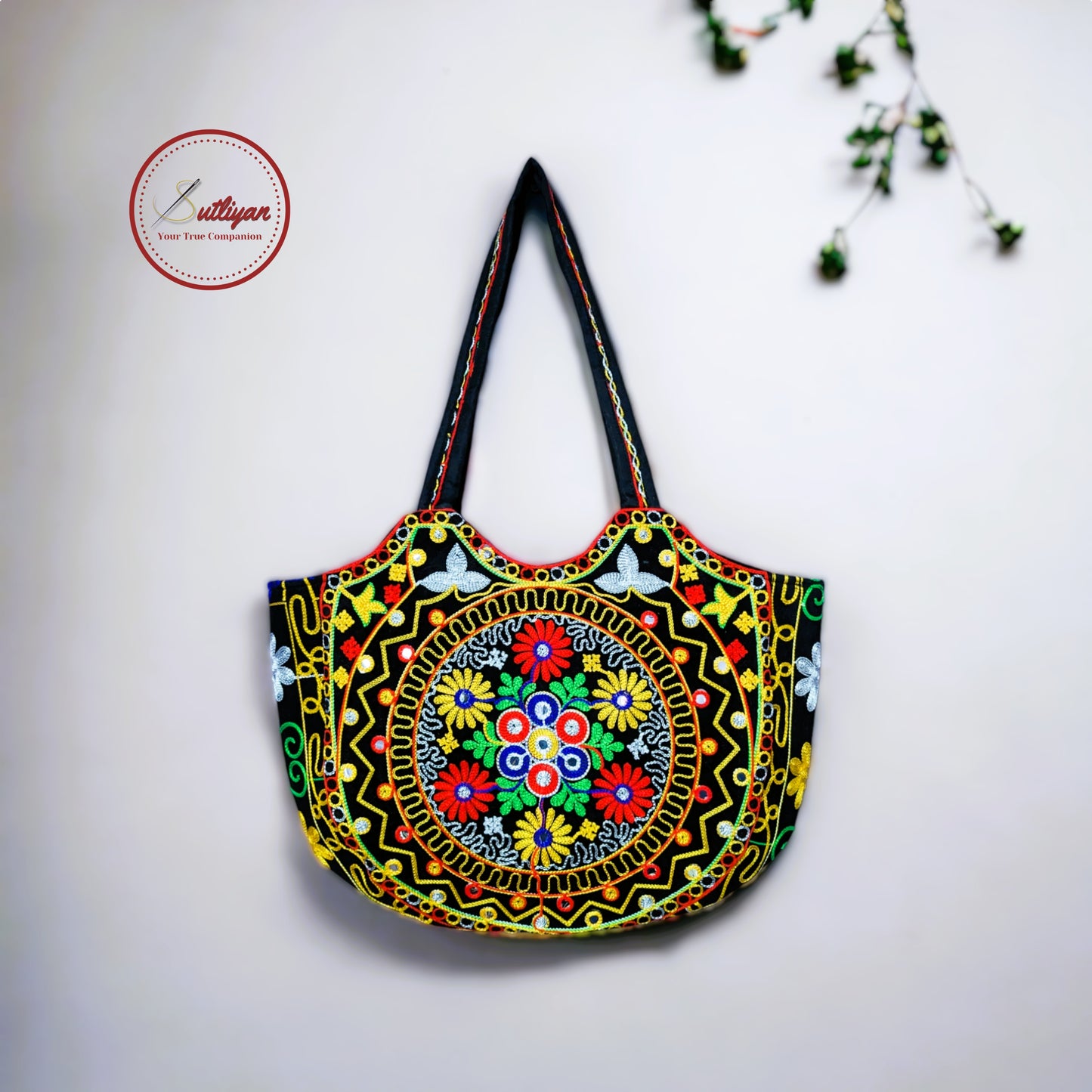 SUTLIYAN Jaipuri Handmade Double-Sided Embroidery Black Large Tote Bag for Women (14*19 Inch)