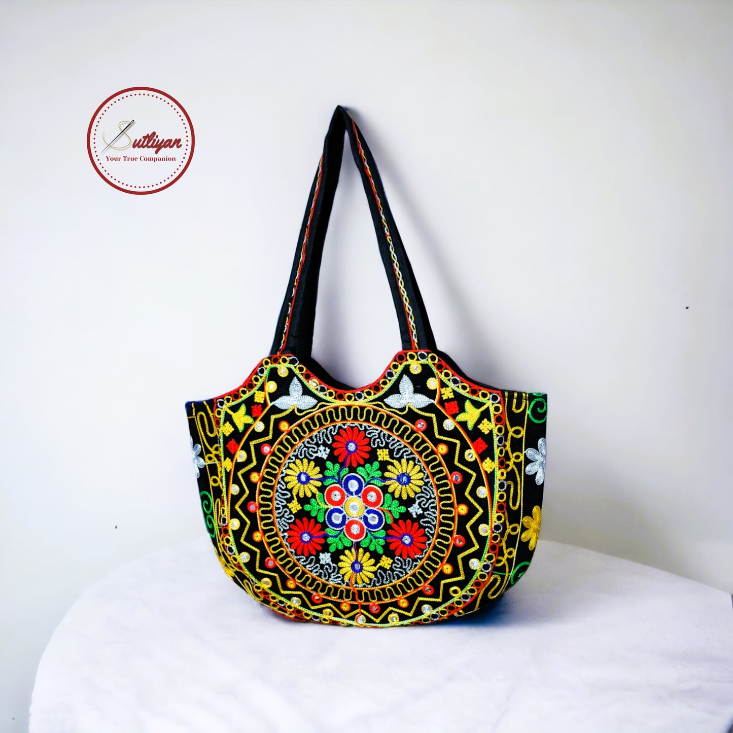 SUTLIYAN Jaipuri Handmade Double-Sided Embroidery Black Large Tote Bag for Women (14*19 Inch)