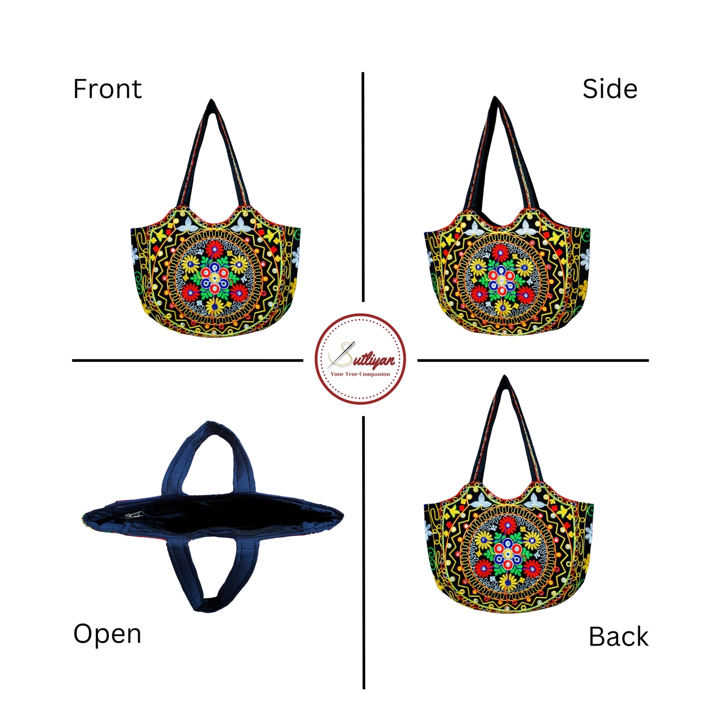 SUTLIYAN Jaipuri Handmade Double-Sided Embroidery Black Large Tote Bag for Women (14*19 Inch)