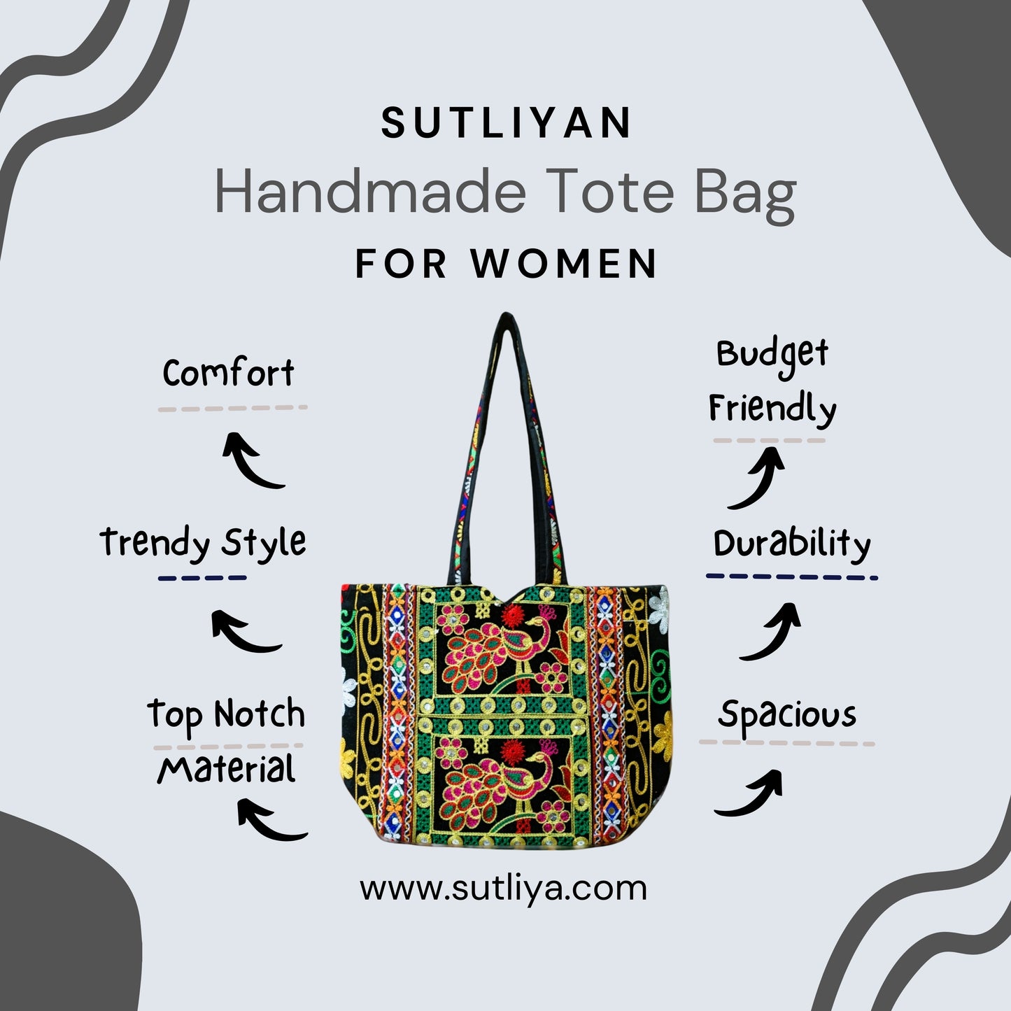 SUTLIYAN Rajasthani Handmade Double-Sided Embroidery Regular Black Tote Bag for Women (12*16 Inch)