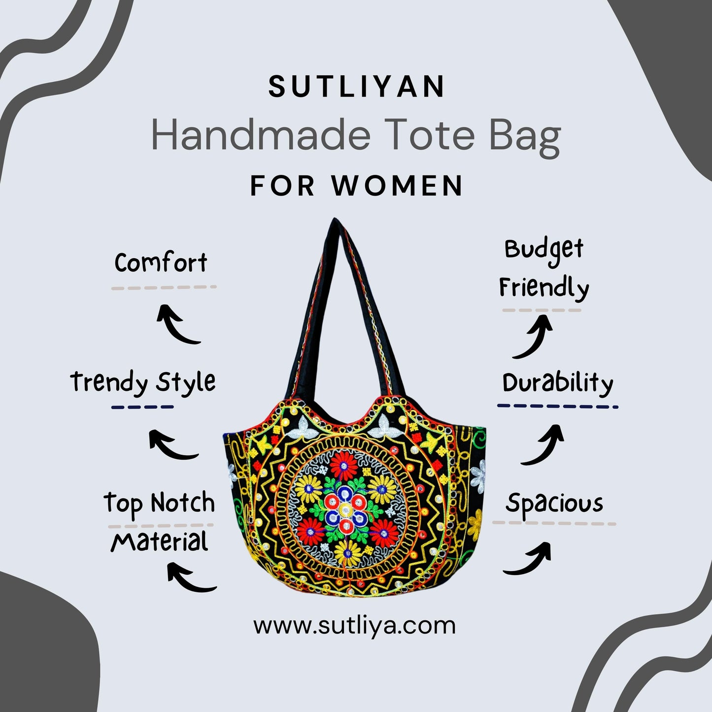 SUTLIYAN Jaipuri Handmade Double-Sided Embroidery Black Large Tote Bag for Women (14*19 Inch)