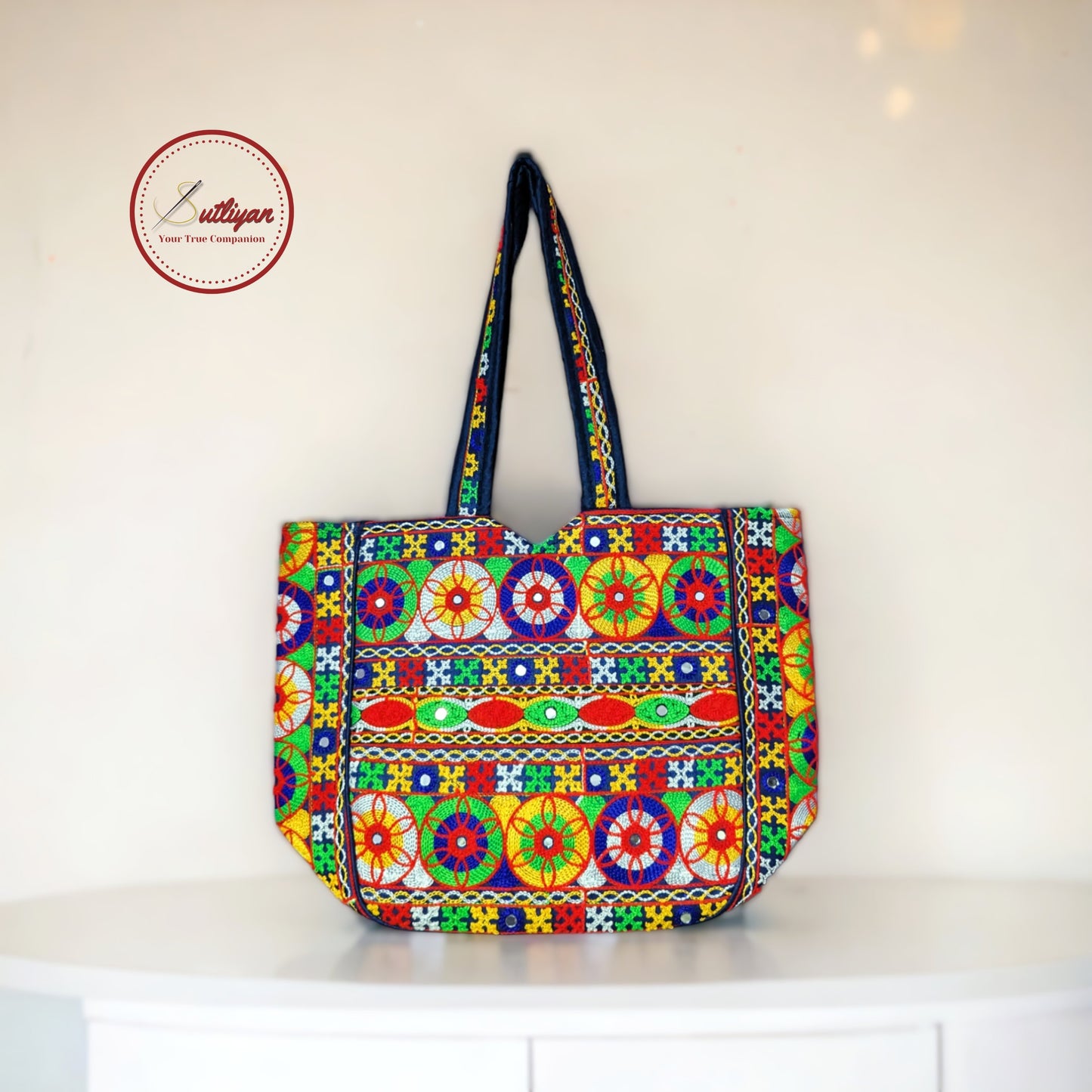 SUTLIYAN Gujarati Handmade Double-Sided Embroidery Regular Blue Tote Bag for Women (12*16 Inch)