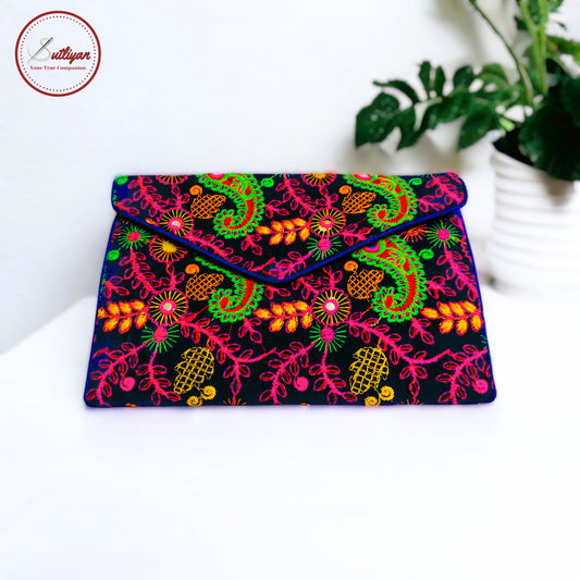 SUTLIYAN Gujarati Handmade Embroidery Regular Blue Velvet Clutch/Sling Bag for Women (8*12 Inch)