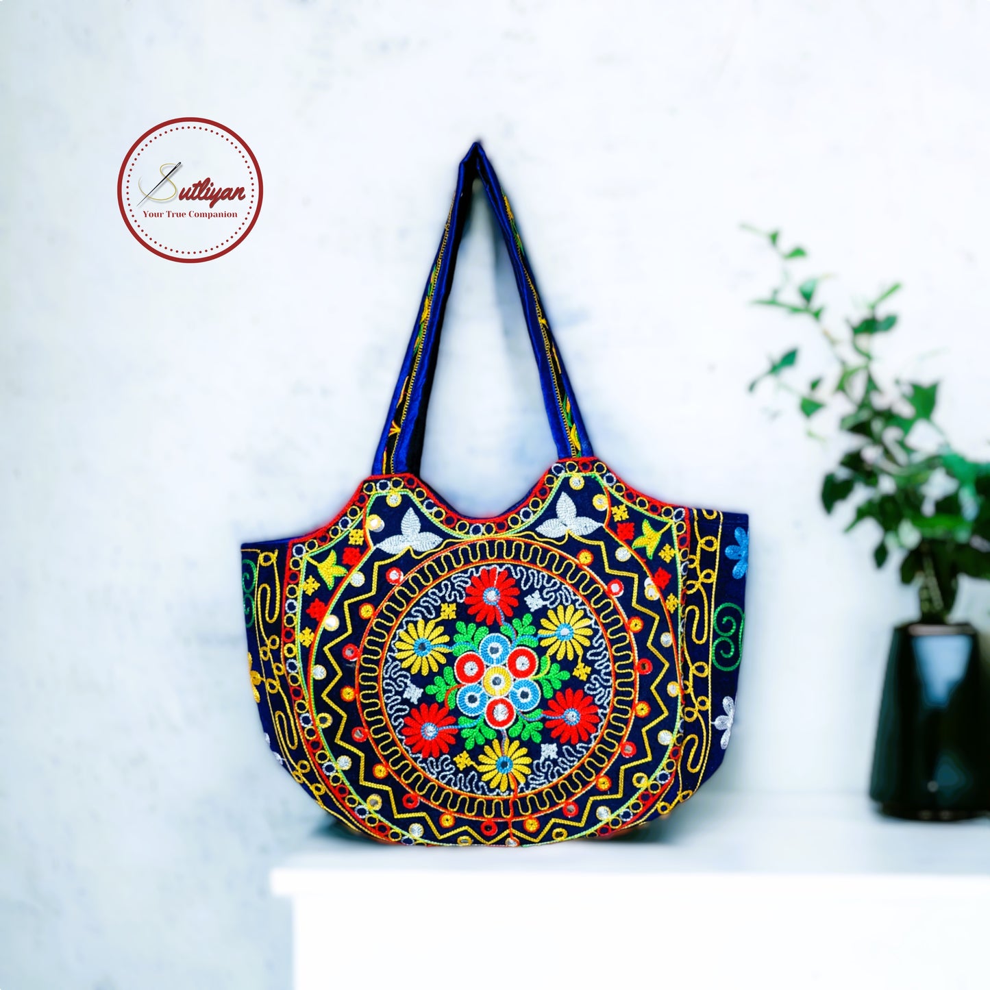 SUTLIYAN Jaipuri Handmade Double-Sided Embroidery Blue Large Tote Bag for Women (14*19 Inch)