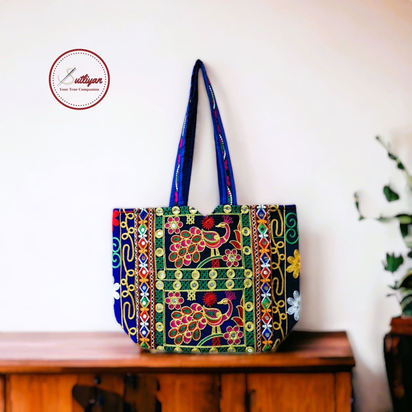 SUTLIYAN Rajasthani Handmade Double-Sided Embroidery Regular Blue Tote Bag for Women (12*16 Inch)