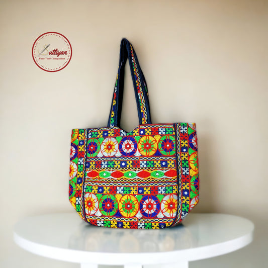 SUTLIYAN Gujarati Handmade Double-Sided Embroidery Regular Blue Tote Bag for Women (12*16 Inch)