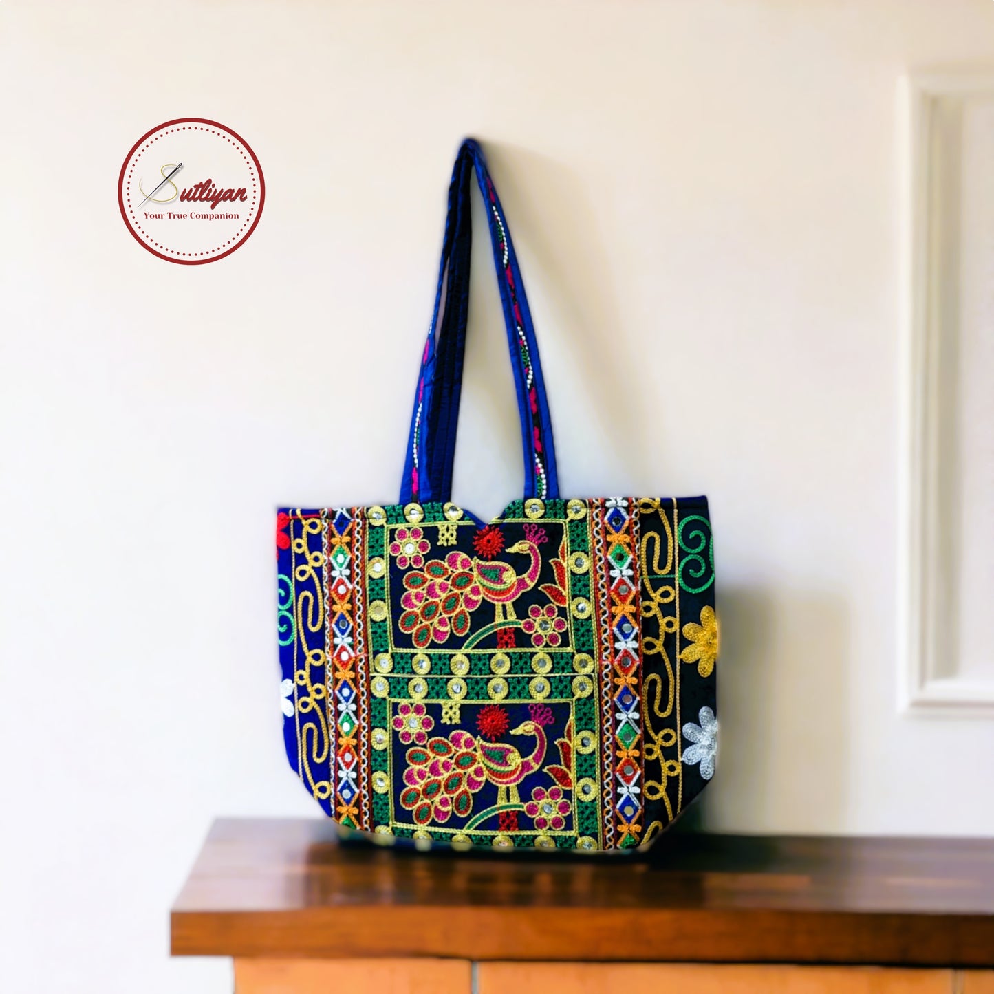 SUTLIYAN Rajasthani Handmade Double-Sided Embroidery Regular Blue Tote Bag for Women (12*16 Inch)