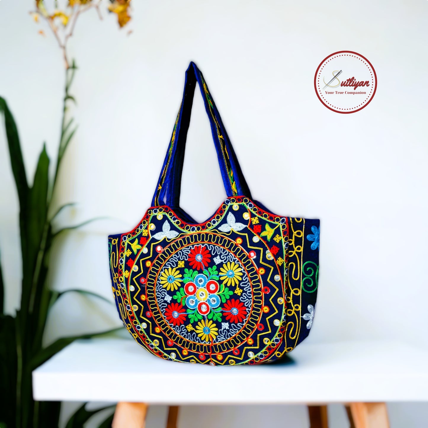 SUTLIYAN Jaipuri Handmade Double-Sided Embroidery Blue Large Tote Bag for Women (14*19 Inch)