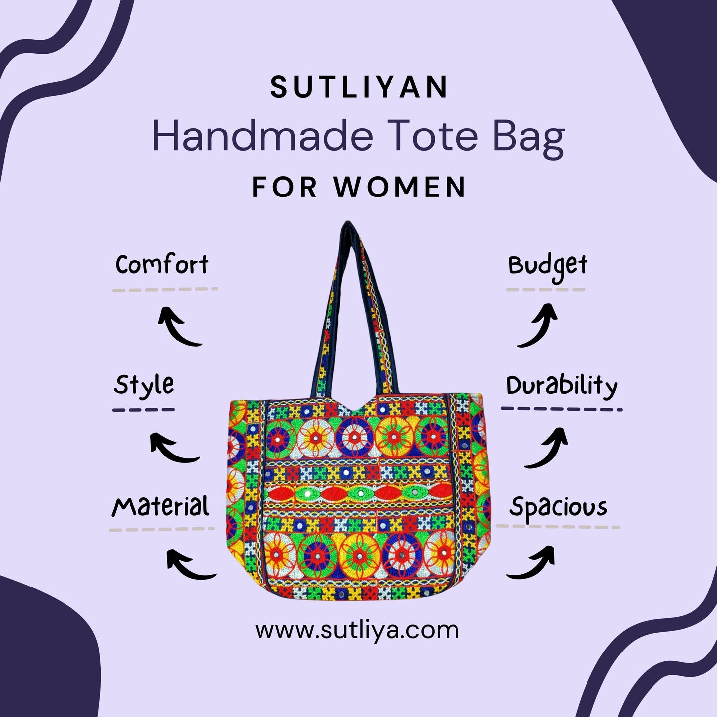 SUTLIYAN Gujarati Handmade Double-Sided Embroidery Regular Blue Tote Bag for Women (12*16 Inch)