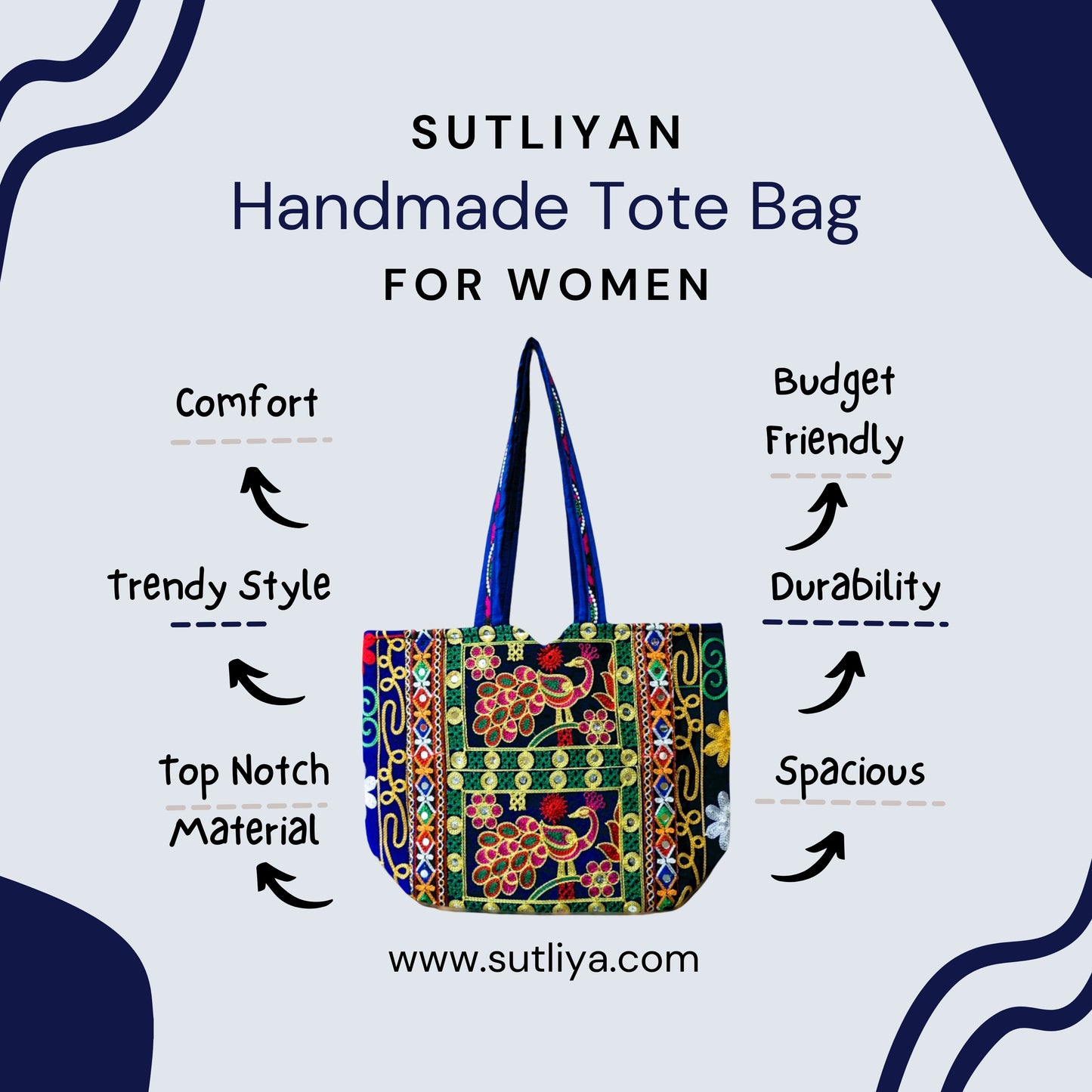 SUTLIYAN Rajasthani Handmade Double-Sided Embroidery Regular Blue Tote Bag for Women (12*16 Inch)