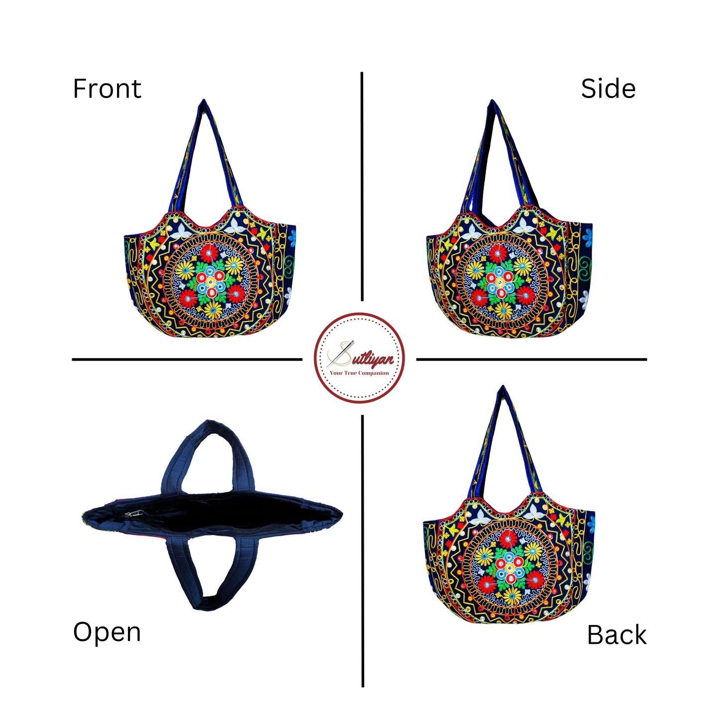 SUTLIYAN Jaipuri Handmade Double-Sided Embroidery Blue Large Tote Bag for Women (14*19 Inch)