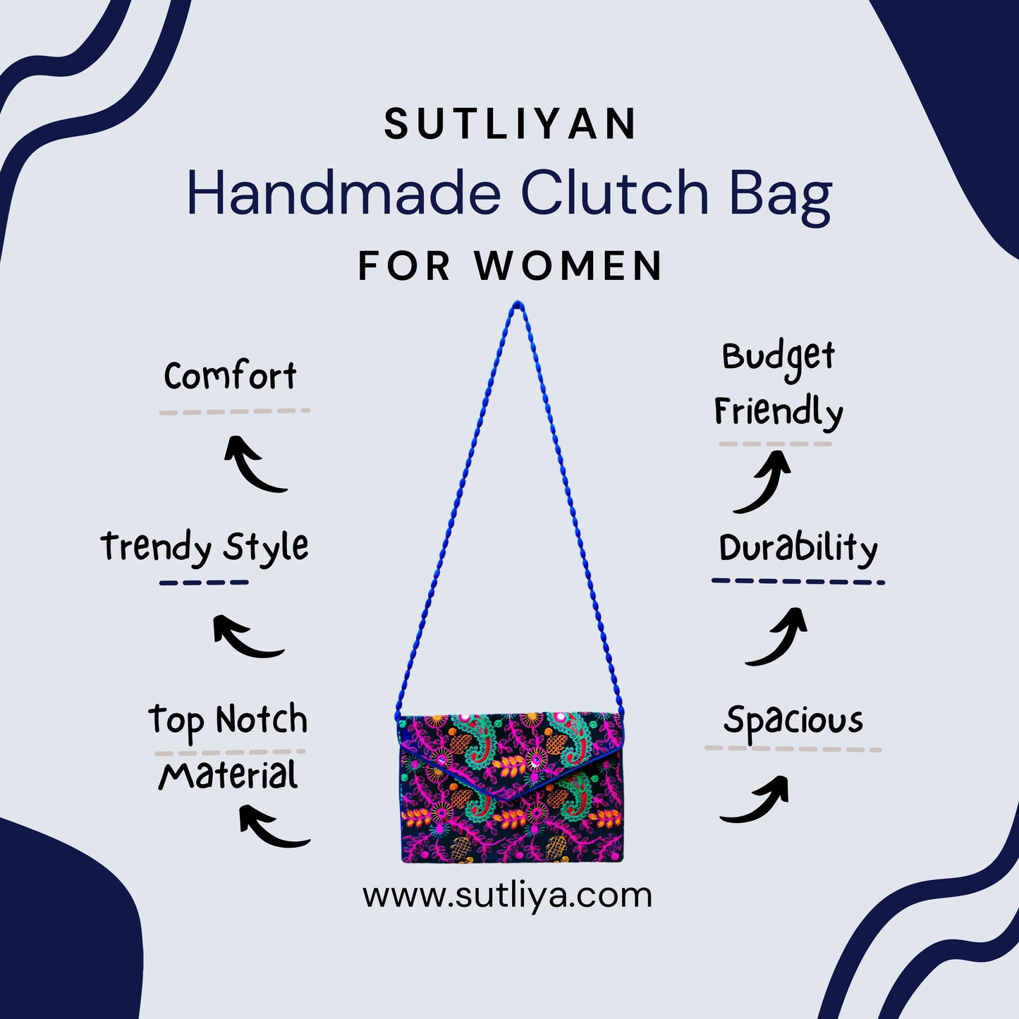 SUTLIYAN Gujarati Handmade Embroidery Regular Blue Velvet Clutch/Sling Bag for Women (8*12 Inch)