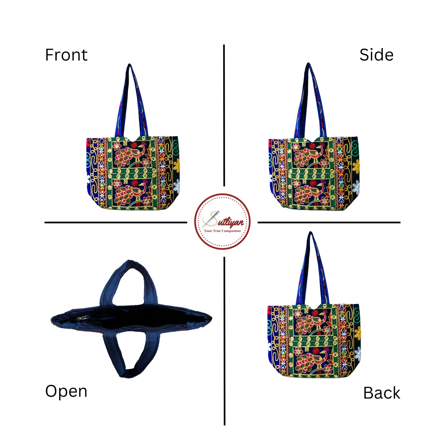 SUTLIYAN Rajasthani Handmade Double-Sided Embroidery Regular Blue Tote Bag for Women (12*16 Inch)