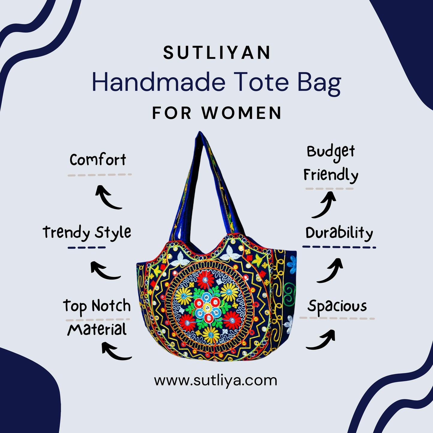 SUTLIYAN Jaipuri Handmade Double-Sided Embroidery Blue Large Tote Bag for Women (14*19 Inch)