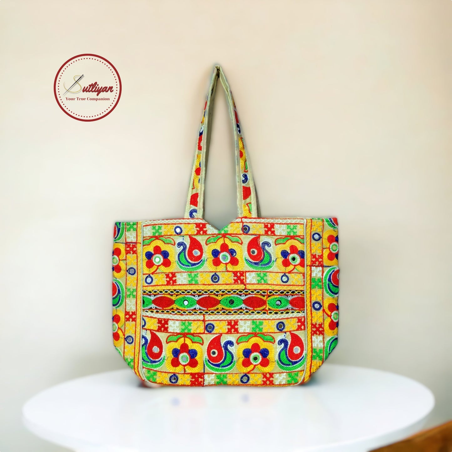 SUTLIYAN Gujarati Handmade Double-Sided Embroidery Regular Off-White Tote Bag for Women (12*16 Inch)