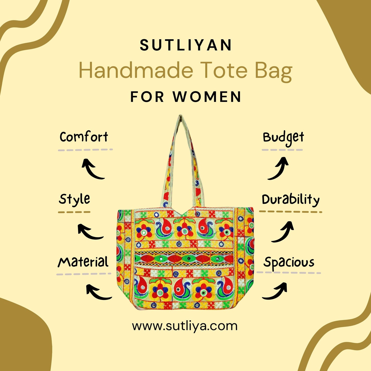 SUTLIYAN Gujarati Handmade Double-Sided Embroidery Regular Off-White Tote Bag for Women (12*16 Inch)