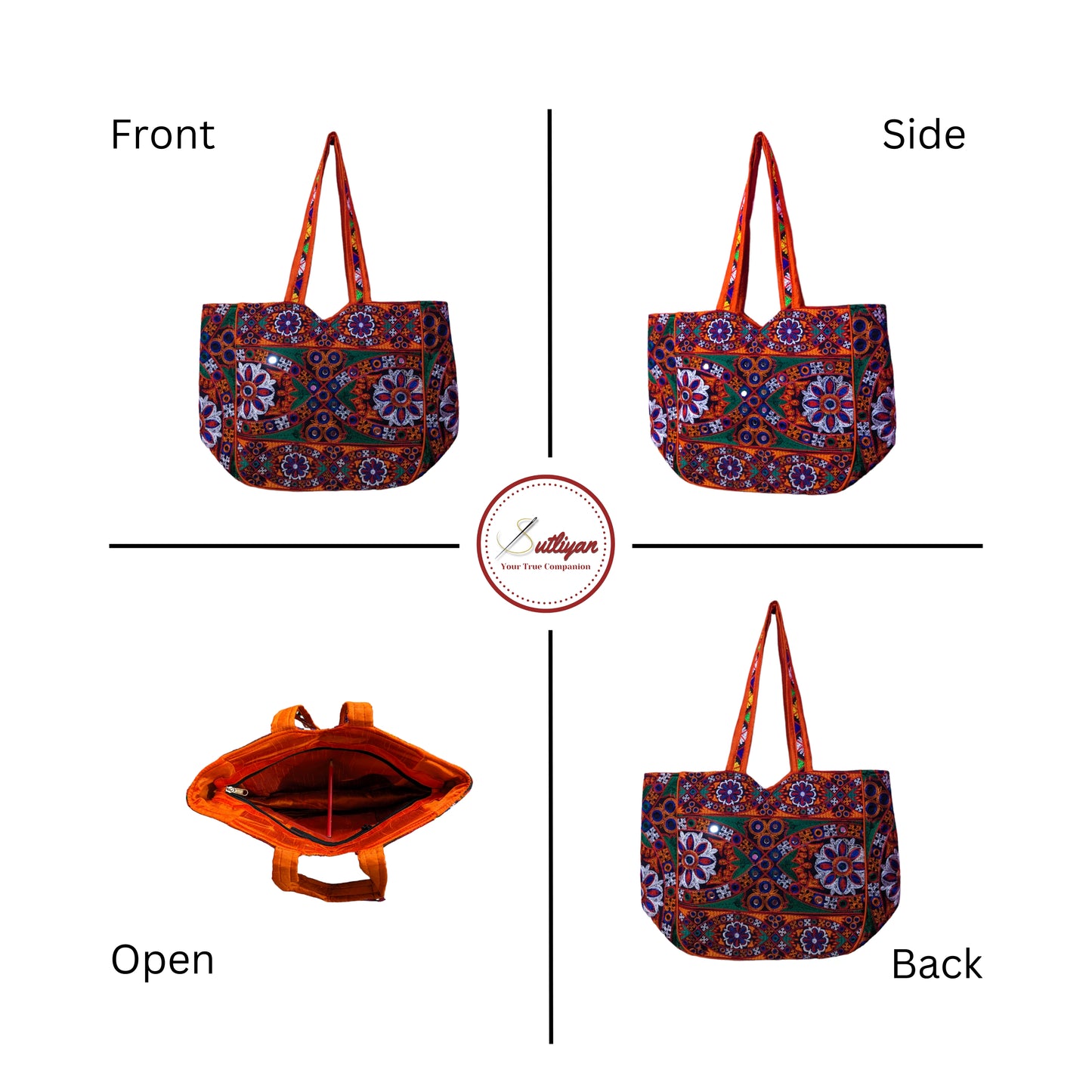 SUTLIYAN Gujarati Double-Sided Handmade Embroidery Orange Regular Tote Bag for Women (12 * 16 Inch)