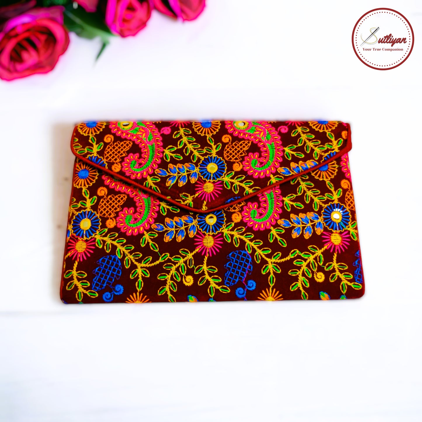 SUTLIYAN Gujarati Handmade Embroidery Regular Maroon Velvet Clutch/Sling Bag for Women (8*12 Inch)