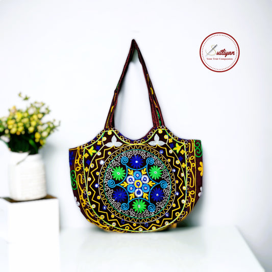 SUTLIYAN Jaipuri Handmade Double-Sided Embroidery Maroon Large Tote Bag for Women (14*19 Inch)