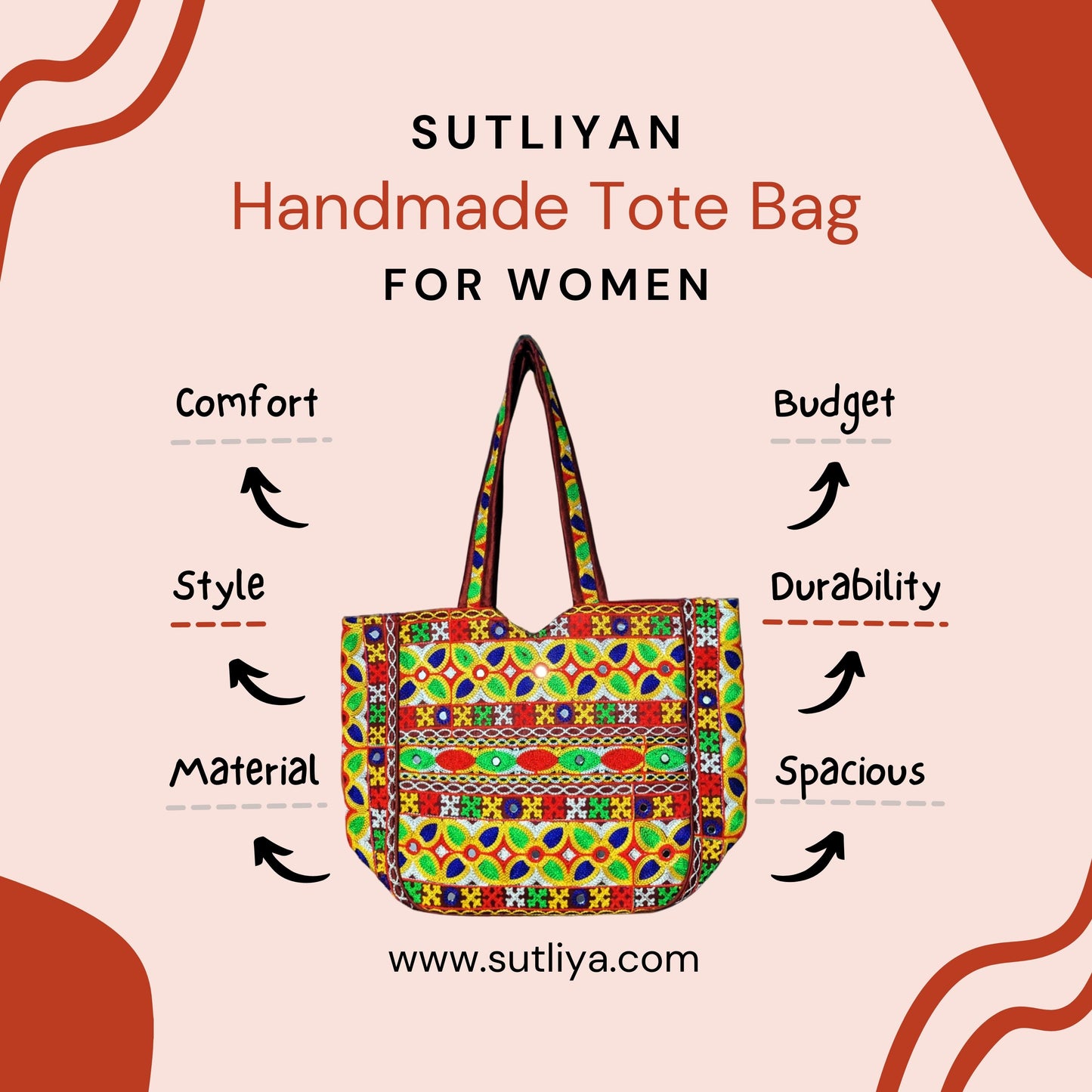 SUTLIYAN Gujarati Handmade Double-Sided Embroidery Regular Maroon Tote Bag for Women (12*16 Inch)