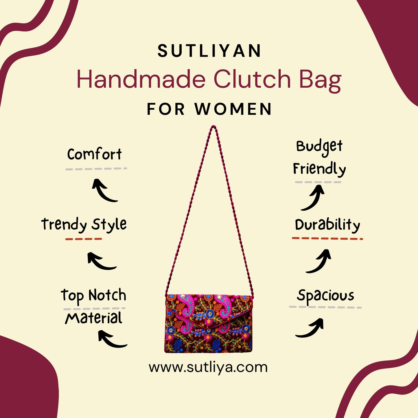 SUTLIYAN Gujarati Handmade Embroidery Regular Maroon Velvet Clutch/Sling Bag for Women (8*12 Inch)