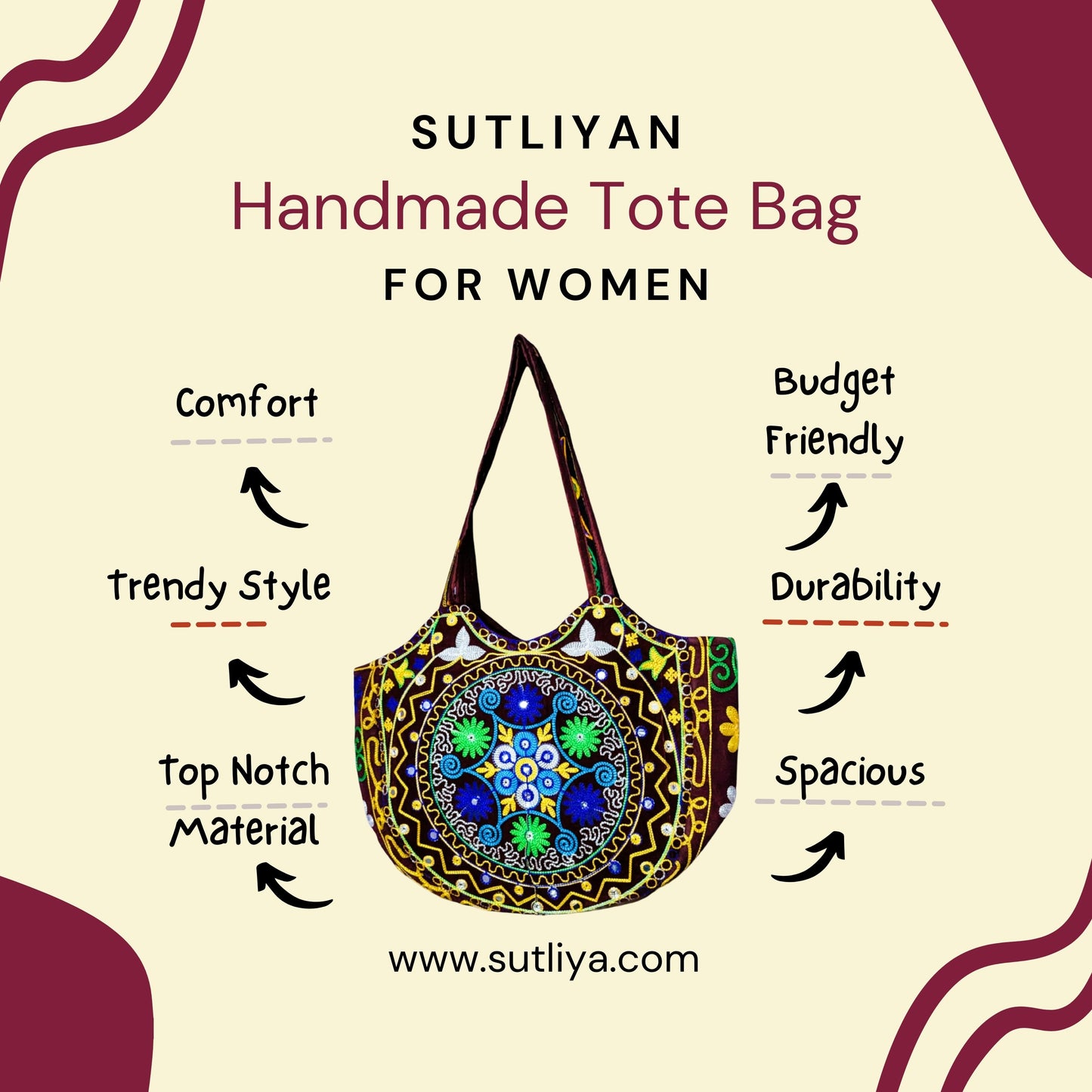 SUTLIYAN Jaipuri Handmade Double-Sided Embroidery Maroon Large Tote Bag for Women (14*19 Inch)