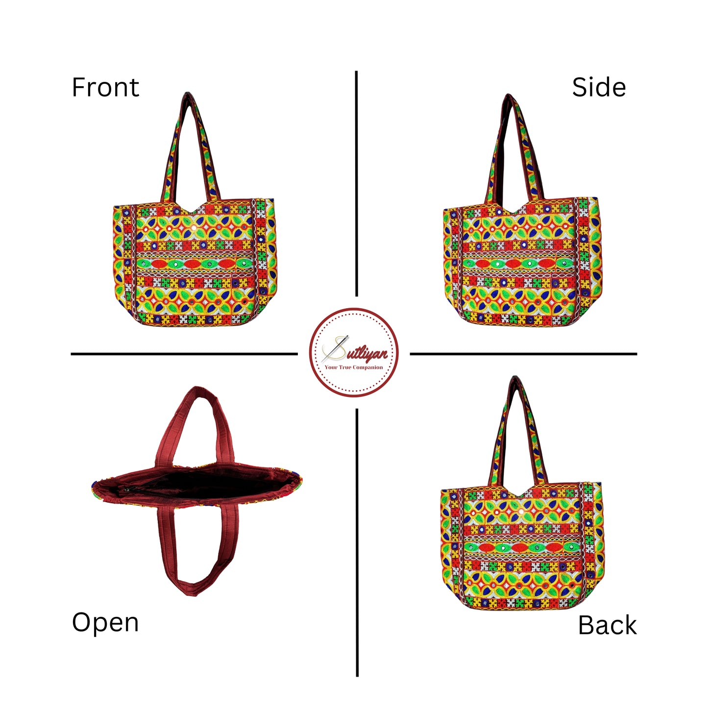 SUTLIYAN Gujarati Handmade Double-Sided Embroidery Regular Maroon Tote Bag for Women (12*16 Inch)