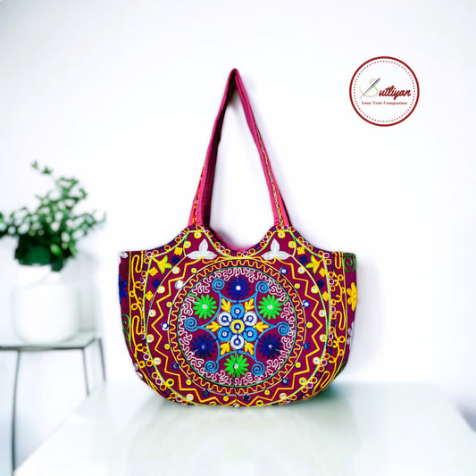 SUTLIYAN Jaipuri Handmade Double-Sided Embroidery Pink Large Tote Bag for Women (14*19 Inch)