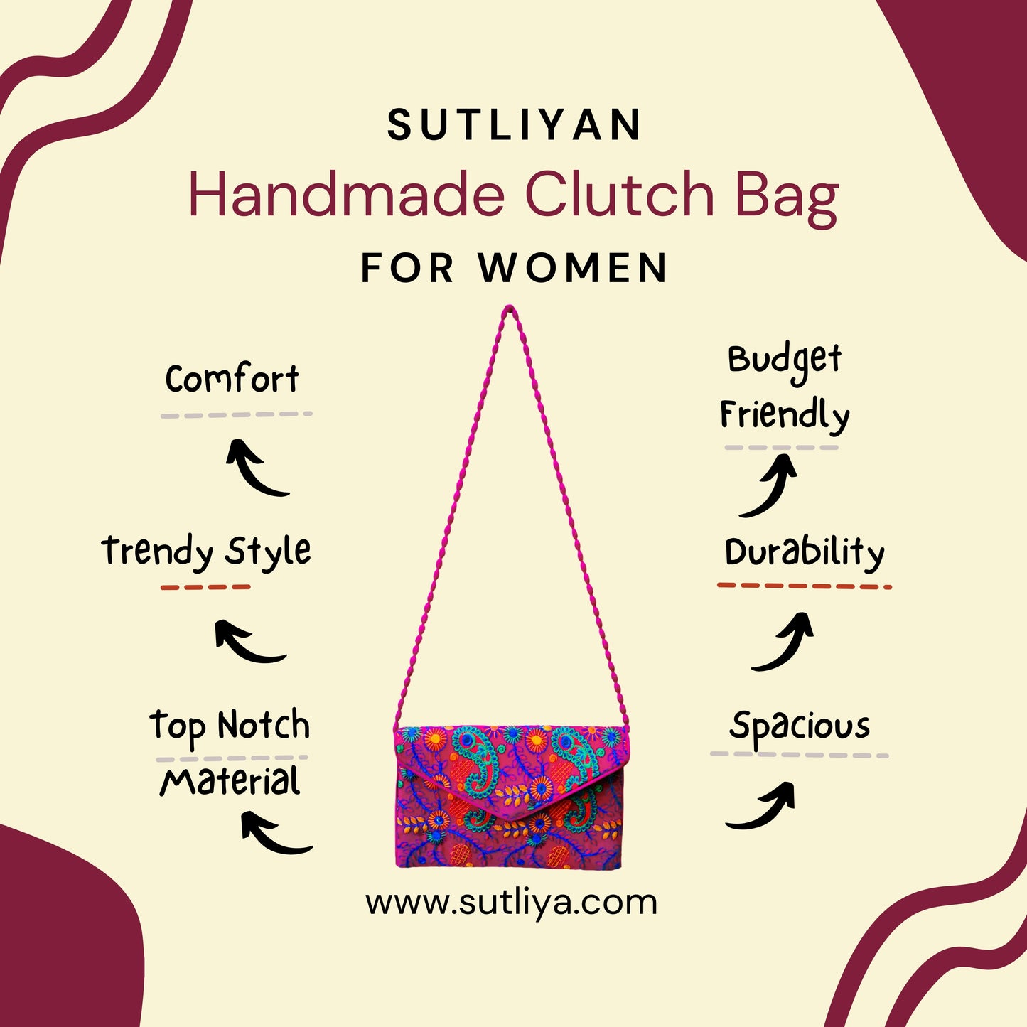 SUTLIYAN Gujarati Handmade Embroidery Regular Pink Velvet Clutch/Sling Bag for Women (8*12 Inch)