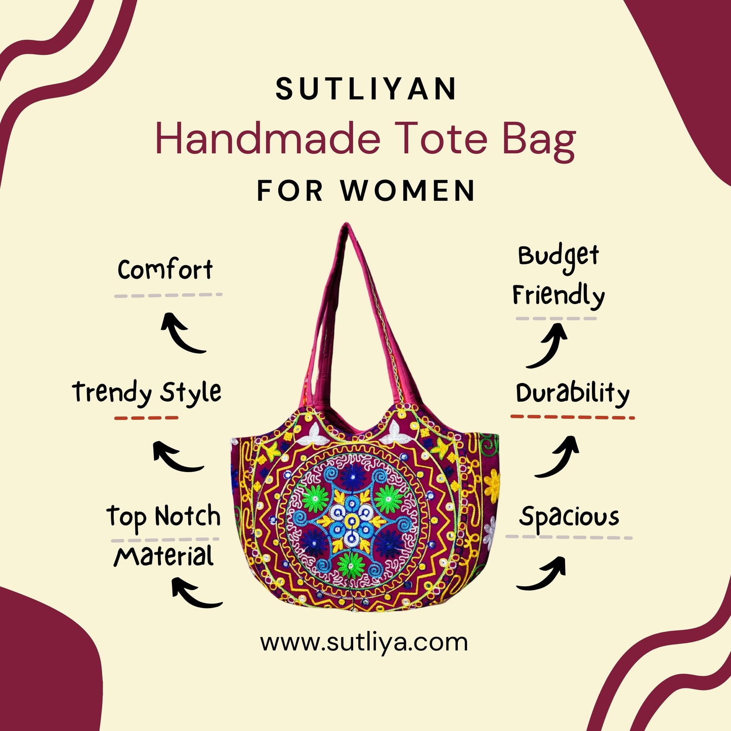 SUTLIYAN Jaipuri Handmade Double-Sided Embroidery Pink Large Tote Bag for Women (14*19 Inch)