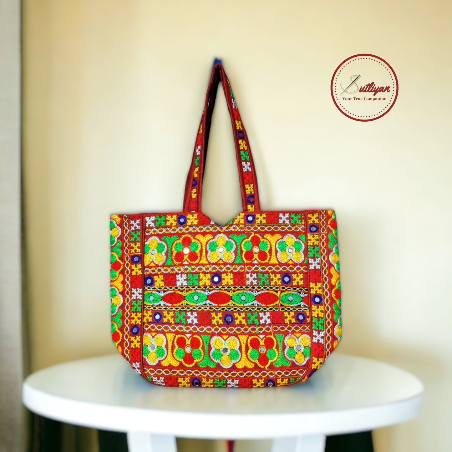 SUTLIYAN Gujarati Handmade Double-Sided Embroidery Regular Red Tote Bag for Women (12*16 Inch)