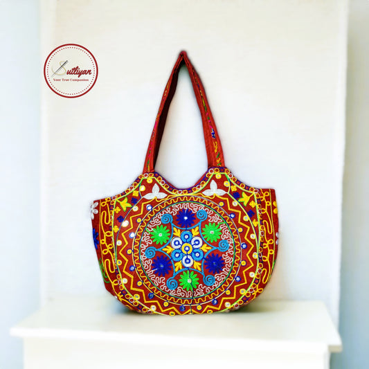 SUTLIYAN Jaipuri Handmade Double-Sided Embroidery Red Large Tote Bag for Women (14*19 Inch)