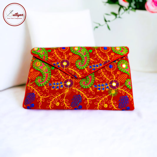 SUTLIYAN Gujarati Handmade Embroidery Regular Red Velvet Clutch/Sling Bag for Women (8*12 Inch)