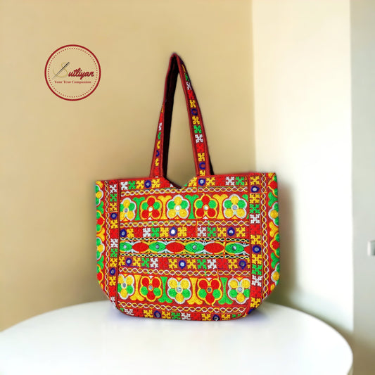 SUTLIYAN Gujarati Handmade Double-Sided Embroidery Regular Red Tote Bag for Women (12*16 Inch)