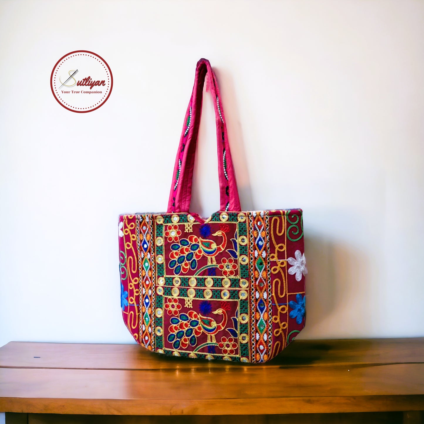 SUTLIYAN Rajasthani Handmade Double-Sided Embroidery Regular Red Tote Bag for Women (12*16 Inch)