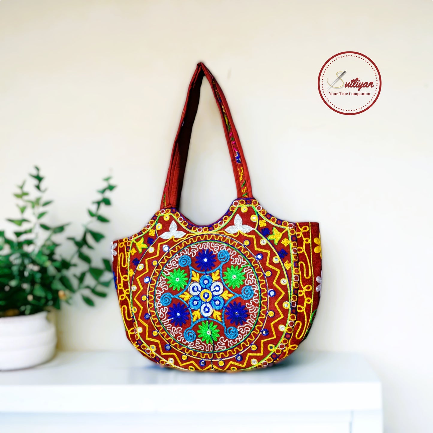 SUTLIYAN Jaipuri Handmade Double-Sided Embroidery Red Large Tote Bag for Women (14*19 Inch)