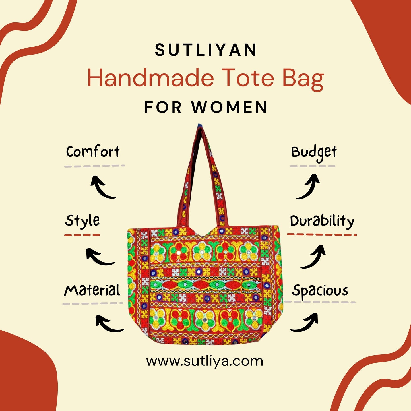 SUTLIYAN Gujarati Handmade Double-Sided Embroidery Regular Red Tote Bag for Women (12*16 Inch)