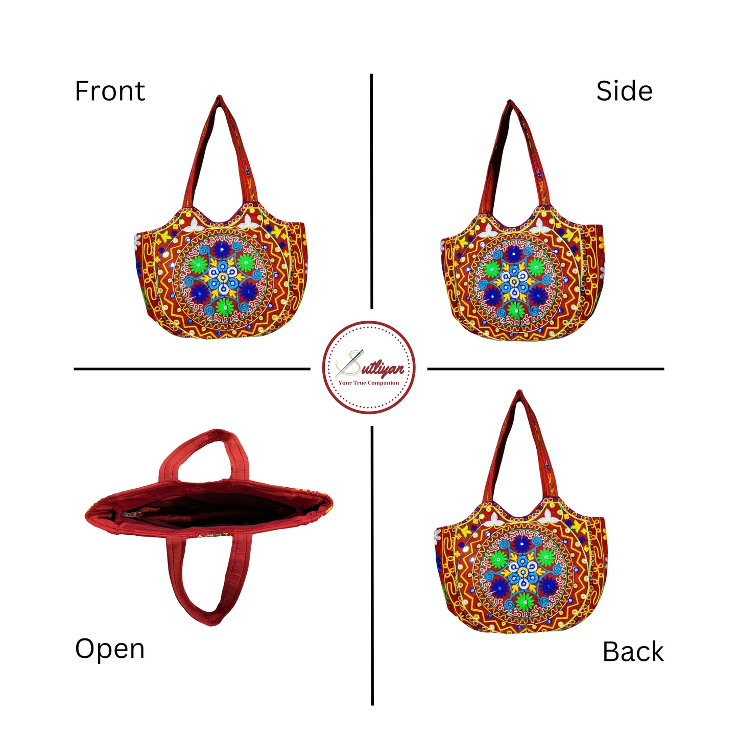 SUTLIYAN Jaipuri Handmade Double-Sided Embroidery Red Large Tote Bag for Women (14*19 Inch)