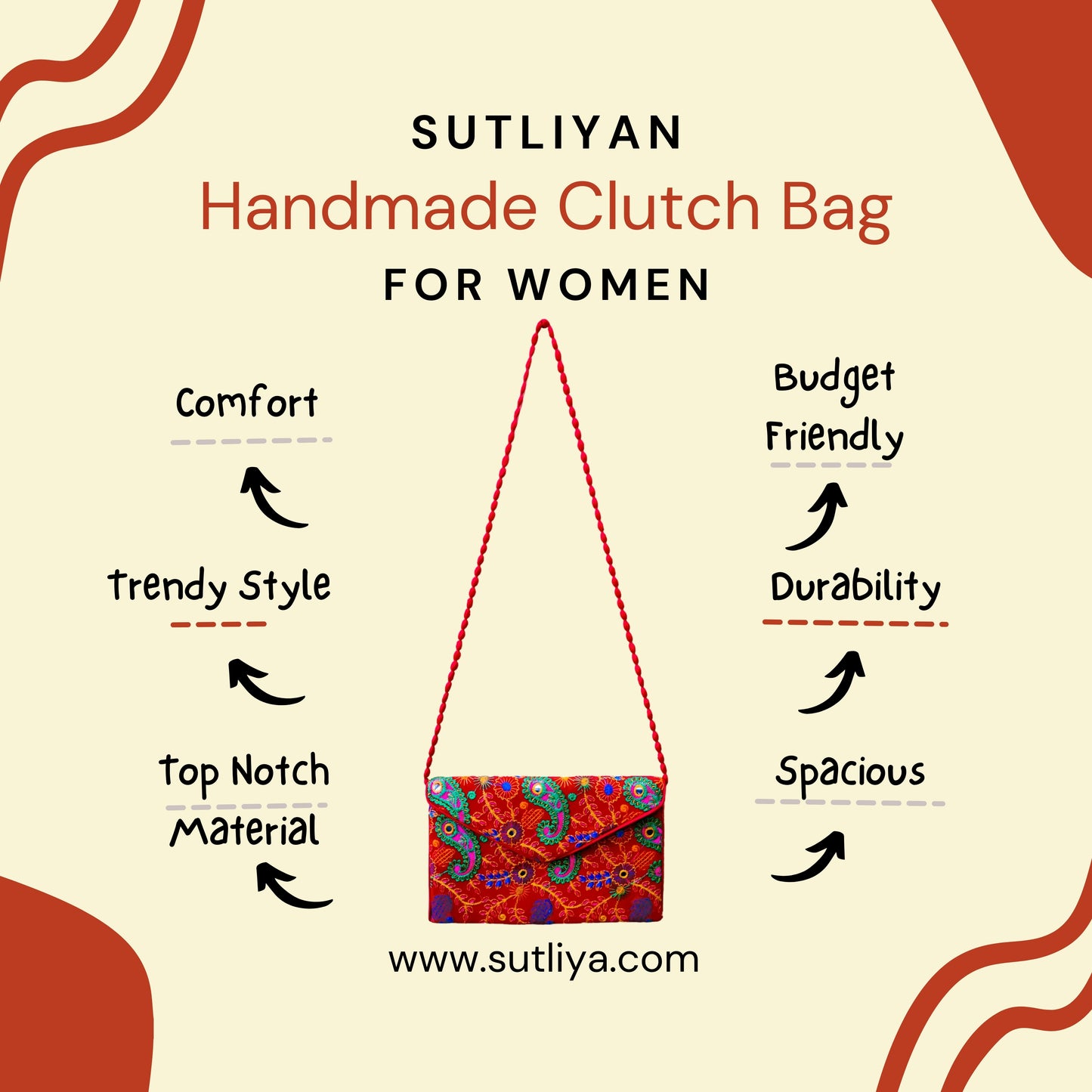 SUTLIYAN Gujarati Handmade Embroidery Regular Red Velvet Clutch/Sling Bag for Women (8*12 Inch)