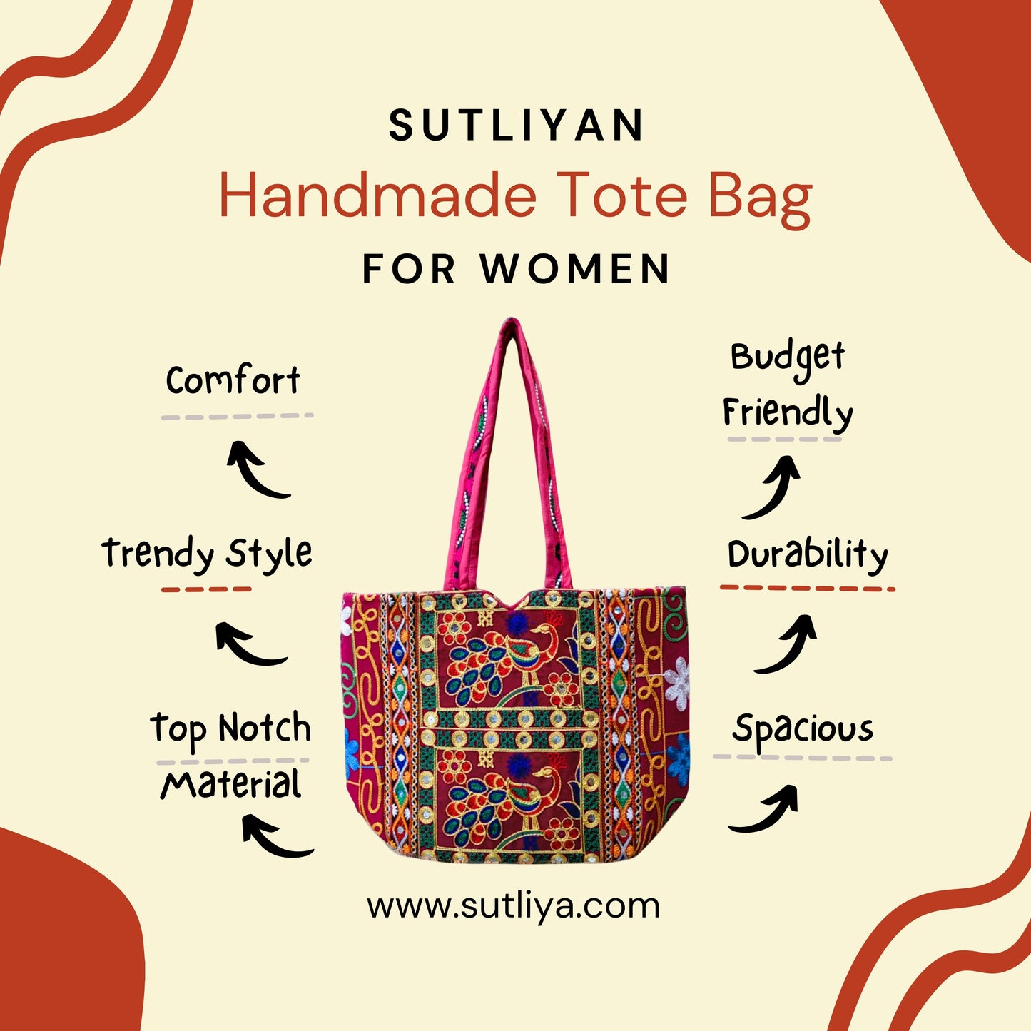 SUTLIYAN Rajasthani Handmade Double-Sided Embroidery Regular Red Tote Bag for Women (12*16 Inch)