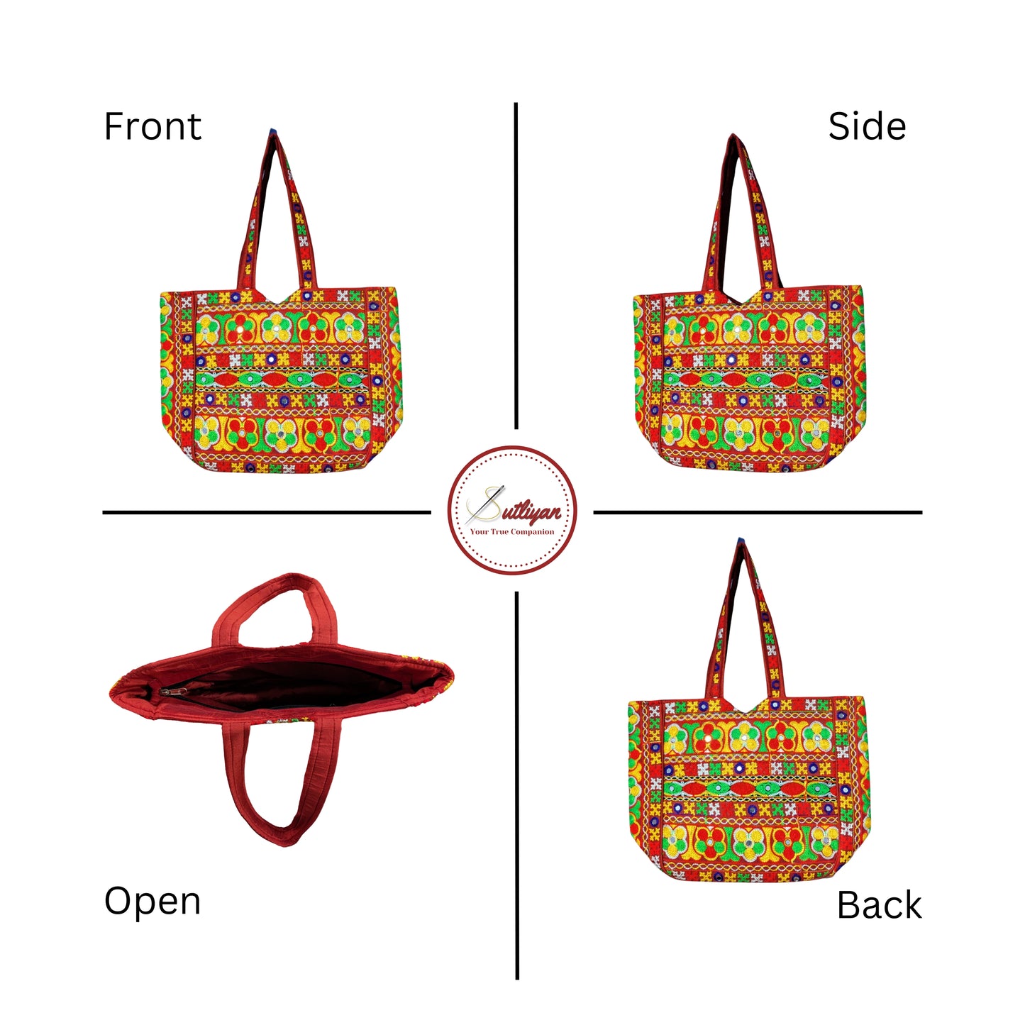 SUTLIYAN Gujarati Handmade Double-Sided Embroidery Regular Red Tote Bag for Women (12*16 Inch)