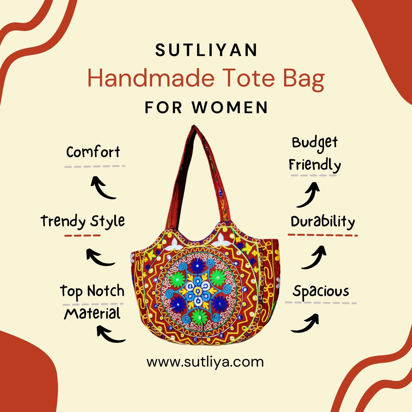 SUTLIYAN Jaipuri Handmade Double-Sided Embroidery Red Large Tote Bag for Women (14*19 Inch)