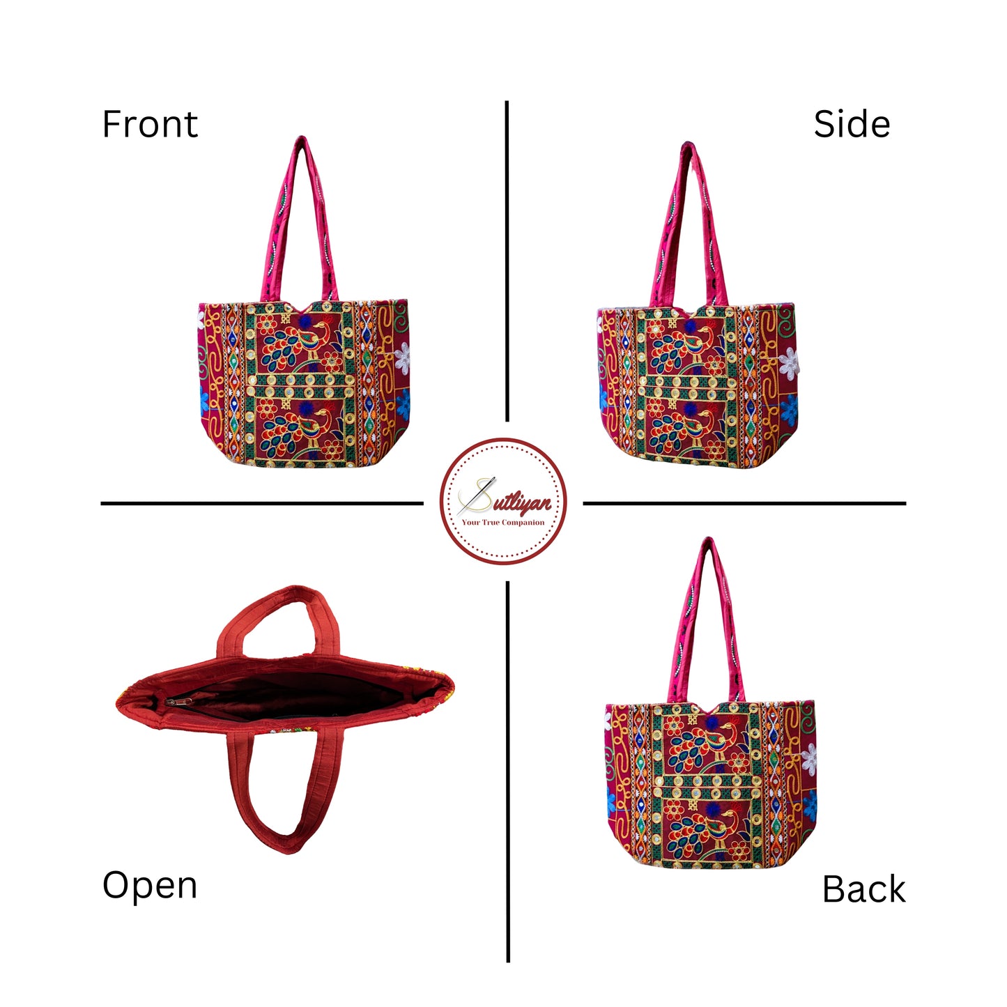 SUTLIYAN Rajasthani Handmade Double-Sided Embroidery Regular Red Tote Bag for Women (12*16 Inch)